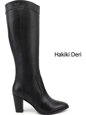 Gönderi(r) Kadın Siyah Hakiki Deri Sivri Burun Kalın Topuklu Çizme
