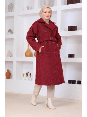 Esma Gündoğdu Tüylü Kaşe Kaban Bordo