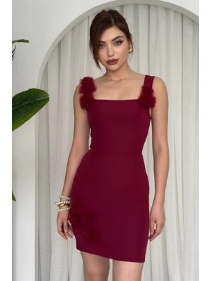 Moda Days Kadın Tül Çiçek Detaylı Mini Elbise Kare Yaka Kolsuz Dar Kesim Şık Davet Mezuniyet Elbisesi
