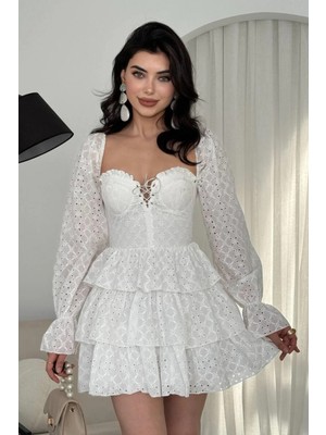 Moda Days Kadın Ekru Fisto Işlemeli Mini Elbise Uzun Kollu Kat Kat Volanlı Yazlık Elbise