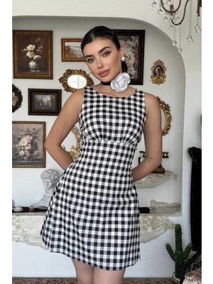 Moda Days Kadın Kare Yaka Kuşak Detaylı Ekose Desenli Mini Elbise Günlük Şık Yazlık Elbise