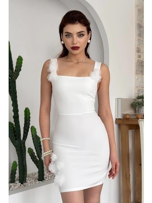 Moda Days Kadın Tül Çiçek Detaylı Mini Elbise Kare Yaka Kolsuz Dar Kesim Şık Davet Mezuniyet Elbisesi