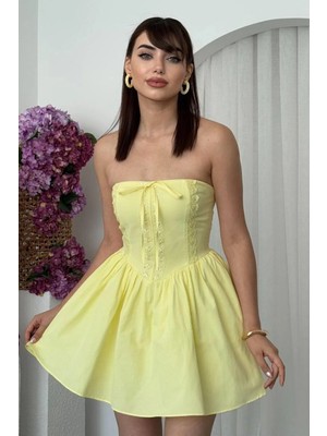 Moda Days Kadın Poplin Kumaş Straplez Korse Detaylı Dantelli Mini Kabarık Elbise