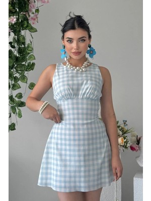 Moda Days Kadın Kare Yaka Kuşak Detaylı Ekose Desenli Mini Elbise Günlük Şık Yazlık Elbise