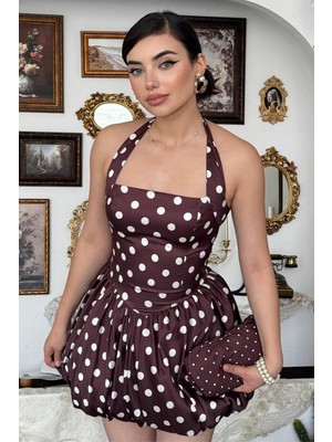 Moda Days Puantiyeli Halter Yaka Mini Elbise Balon Etek Retro Vintage Kadın Yazlık Şık Elbise