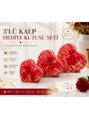 Kesene Sevdiklerinizi Mutlu Etmenin En Güzel Yolu 3'lü Kalp Hediye Kutu seti love Yazılı Kırmızı
