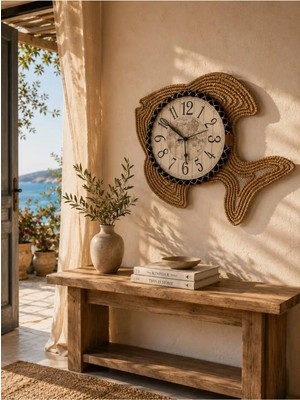 Home İnn Marin Balık Duvar Saati Hasır Görünümlü Dekoratif Salon Saati 50 cm