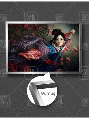 SML Tablo Asyalı Kılıçlı Geleneksel Kıyafetli Savaşçı Kadın ve Sakura Ağacı Yatay Çerçeveli Kanvas Tablo