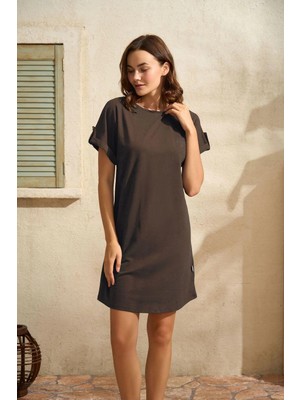 Nemere  Günlük Kısa Kol Bisiklet Yaka Cotton Düz Yazlık Kısa Kahve Pijama Takımı