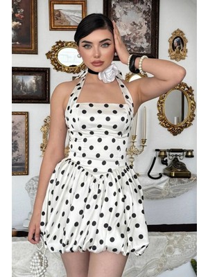 Moda Days Puantiyeli Halter Yaka Mini Elbise Balon Etek Retro Vintage Kadın Yazlık Şık Elbise