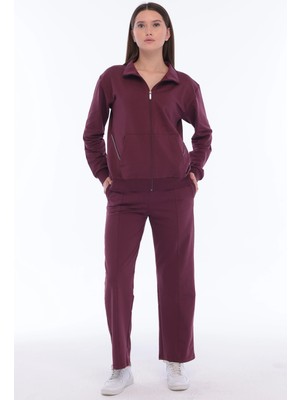 Trendhill Kadın Pamuklu Fermuarlı Geniş Paça Eşofman Takımı Bordo 8528