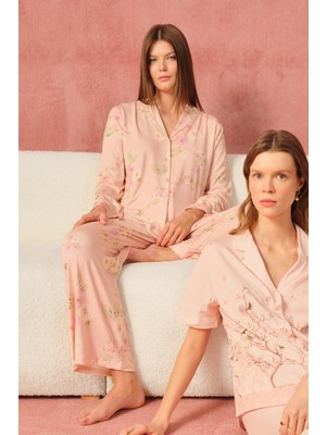 Dagi Açık Pembe Çiçekli Siroviskon Gömlek Pijama Takımı