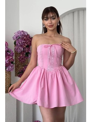 Moda Days Kadın Poplin Kumaş Straplez Korse Detaylı Dantelli Mini Kabarık Elbise