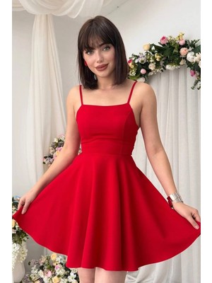 Moda Days Kadın Askılı Sırt Dekolteli Mini Elbise Bağlama Detaylı Prenses Kesim Şık Abiye Elbise