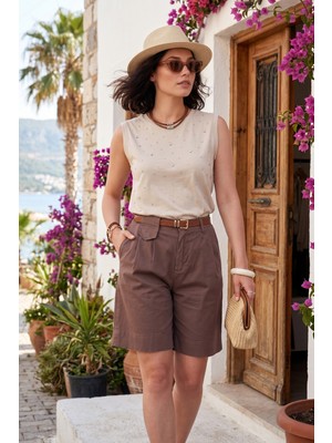 Lela Pamuklu Loose Fit Pileli Kemerli Bermuda Şort Bayan Şort 668YP5439