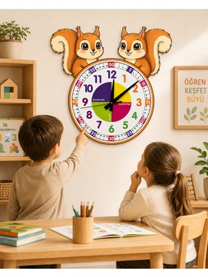 Karbonsoft Sevimli Sincap Temalı Montessori Eğitici Duvar Saati Doğal Kesit Tasarım