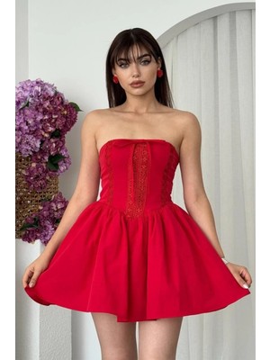 Moda Days Kadın Poplin Kumaş Straplez Korse Detaylı Dantelli Mini Kabarık Elbise