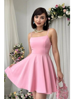 Moda Days Kadın Askılı Sırt Dekolteli Mini Elbise Bağlama Detaylı Prenses Kesim Şık Abiye Elbise
