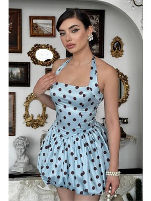Moda Days Puantiyeli Halter Yaka Mini Elbise Balon Etek Retro Vintage Kadın Yazlık Şık Elbise