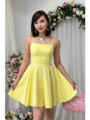 Moda Days Kadın Askılı Sırt Dekolteli Mini Elbise Bağlama Detaylı Prenses Kesim Şık Abiye Elbise