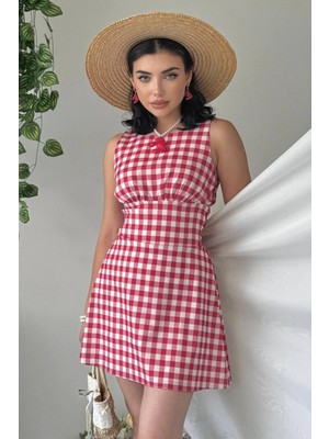 Moda Days Kadın Kare Yaka Kuşak Detaylı Ekose Desenli Mini Elbise Günlük Şık Yazlık Elbise