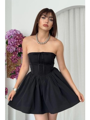 Moda Days Kadın Poplin Kumaş Straplez Korse Detaylı Dantelli Mini Kabarık Elbise