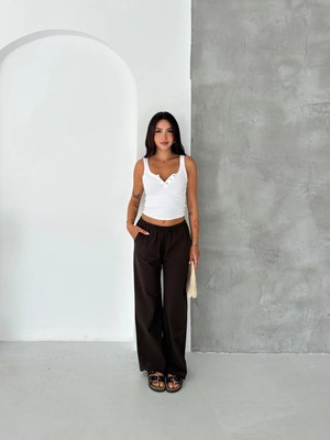 Hlt Jeans Koyu Kahverengi Kadın Bel Lastik Detaylı Ince Dökümlü Baggy Keten Görünümlü Pantolon EMİLY-3023