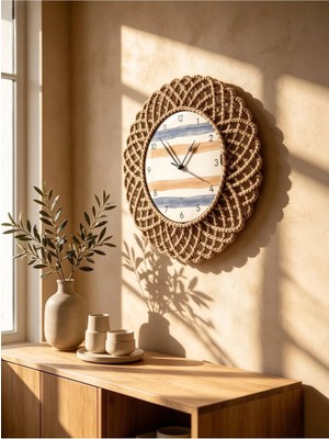 Home İnn Modern Bohem Hasır Görünümlü Duvar Saati Mavi Bej Çizgili Dekoratif Salon Saati 43 cm