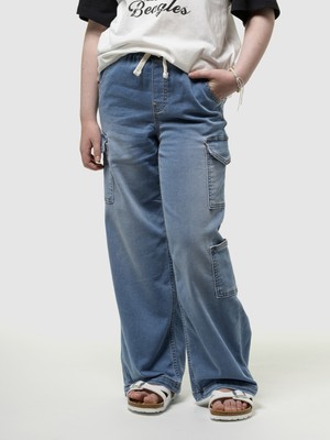 Gap Kız Çocuk Mavi High Rise Wide-Leg Kargo Pull-On Jean Pantolon