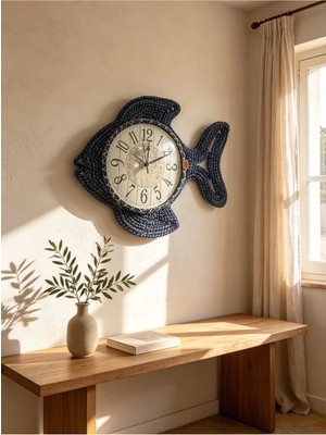 Home İnn Deniz Temalı Hasır Görünümlü Balık Duvar Saati Lacivert Dekoratif 50 cm