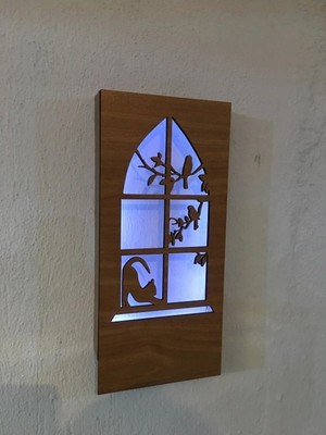Mikasso Kedi -Kuş Motifli Peri Led(Beyaz) Pilli Ceviz Mdf Ahşap Duvar Dekoru 36X18CM(PILLER Dahil) Ahşap Kah