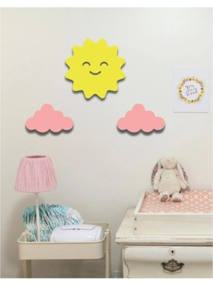 Mikasso Güneş + 2 Pembe Bulut Duvar Süsü Çocuk Odası Bebek Odası Duvar Süsü Duvar Dekoru Ahşap Sarı
