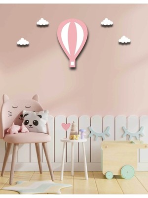 Mikasso Pembe Balon Duvar Süsü + 4 Mini Bulut Ahşap Duvar Dekoru Ahşap Pembe