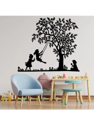 Mikasso Sallanan Çocuk Figürü Duvar Süsü - Duvar Dekoru ( 40X35 cm ) Ahşap Siyah