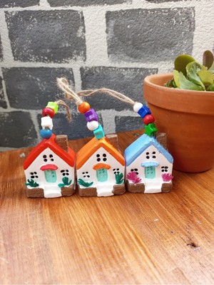 Mikasso Dekoratif 3'lü Mini Ev Duvar / Ağaç Süsü Taş Kırmızı