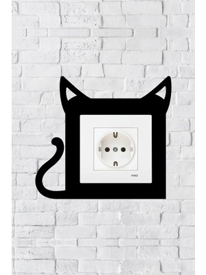 Mikasso Kedi Tasarım Priz Çerçevesi (Iç Ölçü 8,4x8,4 Cm) Dekoratif Priz - Anahtar Çerçevesi Ahşap Siyah