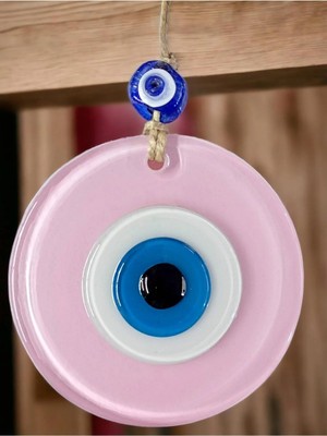 Mikasso Mini Boy Pudra Pembe Nazar Boncuklu Duvar Süsü 10 cm Cam Duvar Dekoru Cam Pembe