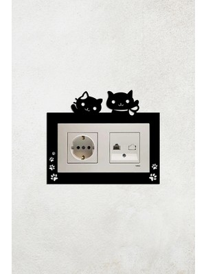 Mikasso Sevimli Kedi Tasarım 2li Priz Çerçevesi (Iç Ölçü 15,5x8,4 Cm) Ev Süsü - 2li Dekoratif Piriz Süsü Ahş