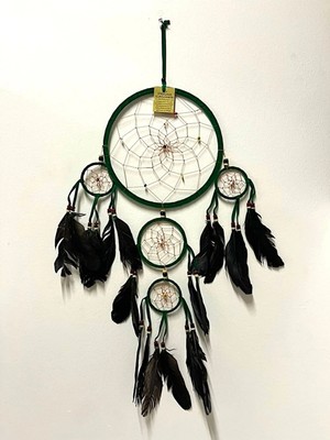 Mikasso Rüya Kapanı 22 cm Dream Catcher Yeşil Duvar Dekorasyon Düş Kapanı Gerçek Kuş Tüyleri Yeşil Iplik