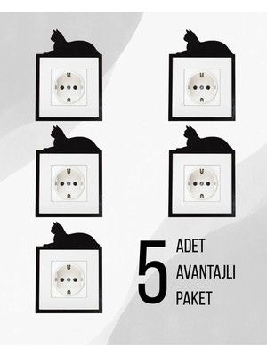 Mikasso Dekoratif Siyah Kedi Figürlü Priz Süsü | Ahşap Duvar Priz Çerçevesi 5'li Ahşap Siyah
