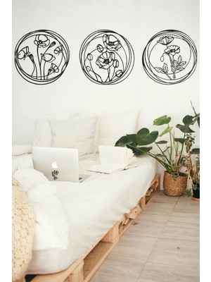 Mikasso Siyah Ahşap 3lü Çiçek Yuvarlak Duvar Dekoru Salon Oturma/yatak Odası Bahçe Için 140X40 cm Mdf Tablo