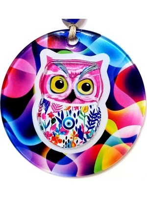 Mikasso Pembe Baykuş Duvar Süsü 3D Kabartmalı Baykuş Füzyon Cam Mini Duvar Dekoru Cam Çok Renkli