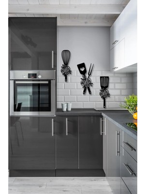 Mikasso Siyah Ahşap Çiçekli Spatula Duvar Dekoru - Mutfak Konsepti Ev Dekorasyon Cafe Için 40X30CM Tablo Ahş