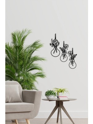 Mikasso Siyah Ahşap 3lü Ampulde Çiçekler Duvar Dekoru - Salon Oturma Yatak Odası Ofis Için 45X35CM Tablo Ahş