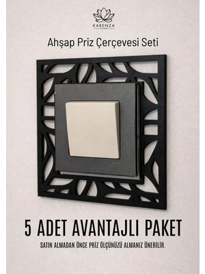 Mikasso Dekoratif Desenli Priz Çerçevesi – Ahşap Duvar ve Priz Süsü Seti 5'li Ahşap Siyah