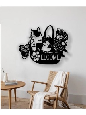 Mikasso Sevimli Kediler Ahşap Lazer Kesim Duvar Dekoru Süsü 35 x 25 cm Ahşap Siyah