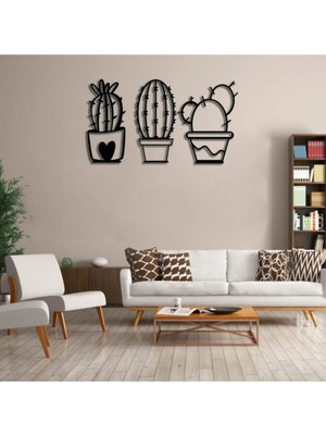 Mikasso 3'lü Kaktüs Duvar Dekoru - Duvar Süsü (30X20 Cm) Ahşap Siyah