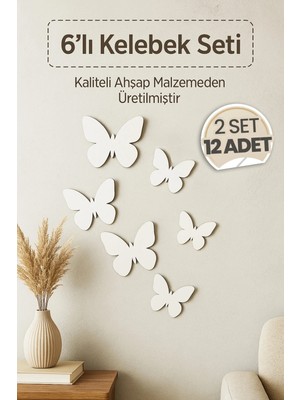 Mikasso 12 Adet Ahşap Dekoratif Kelebekli Duvar Süsü - Beyaz Renk Dekoratif Kelebek Duvar Mutfak Süsü Ahşap
