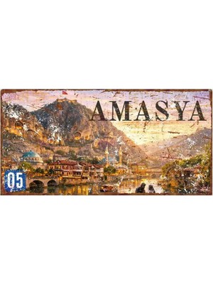 Mikasso Amasya Manzaralı Eskitme Tasarım Alüminyum Tabela – Şehir Temalı Duvar Süsü Metal Çok Renkli