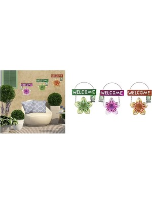 Mikasso Balkon,bahçe ve Oda Hoşgeldiniz Tabelası 3 Lü Set Çiçekli 26X20X0,2CM Metal Çok Renkli